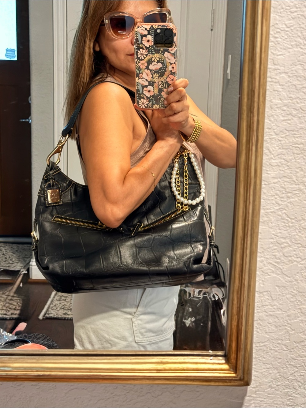 Dooney & Bourke Black Croc Embossed Leather Hobo Shoulder Bag Y2K